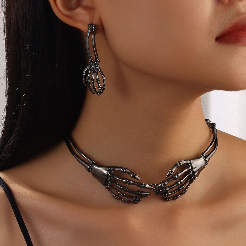 Zac's Alter Ego - Gun Metal Adjustable Skeleton Hand Choker & Earrings Set Ensemble de bijoux - Gris